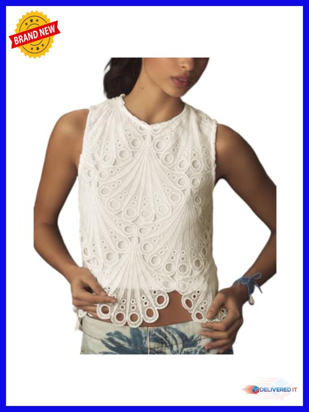 Lace Tank Top Women Sleeveless Eyelet Embroidered Blouse Crew Neck Summer